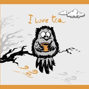 Owl with a cup tea in the autumn, vector illustration Stock Illustration