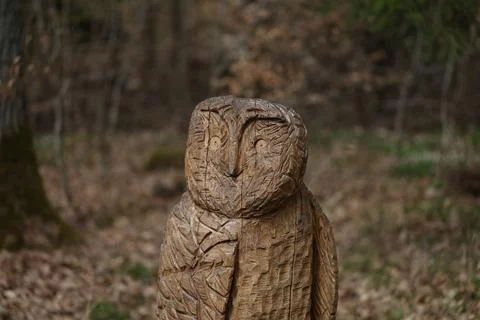 An owl cut from a tree stands in the forest Stock Photos