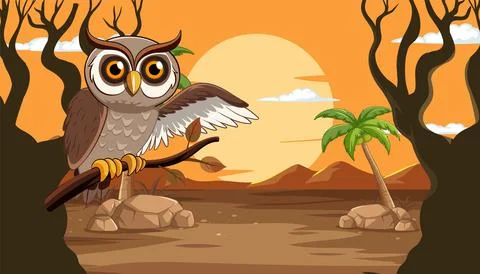 Owl in a Desert Sunset Scene Stock Illustration
