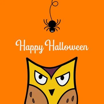 Owl face head looking up to hanging on dash line web spider doodle Stock Illustration