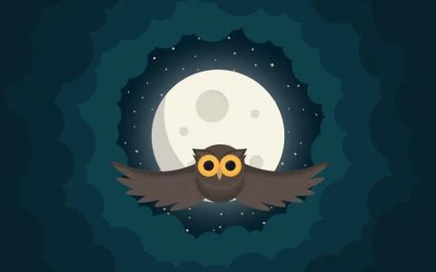 The owl flies in the clouds under moon Stock Illustration