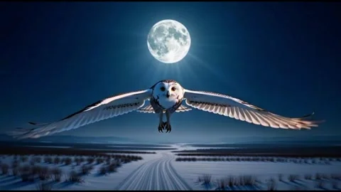 Owl flying under full moon in snowy landscape at night Stock Footage 334062912