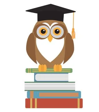 Owl in graduation cap sitting on stack of books. Vector illustration. Illustrazione stock
