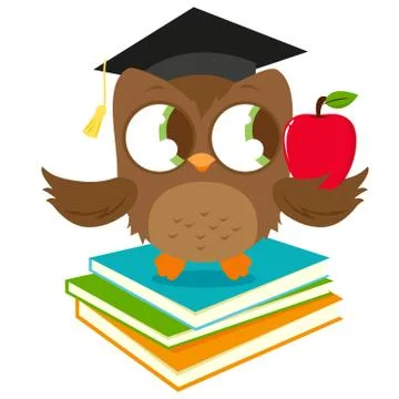 Owl with graduation hat sitting on a stack of books. Vector illustration Stock Illustration