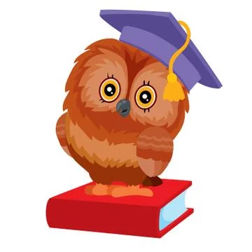 The owl has a student hat on her head and she is sitting on a red book, isola Illustrazione stock