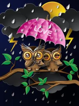 Owl holding an umbrella in the rain. Stock Illustration