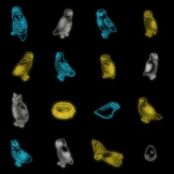 Owl icons set vector neon Stock Illustration