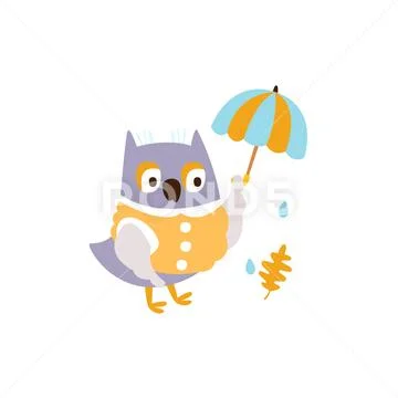 Owl In Jacket With Umbrella Under Rain In Autumn Standing Upright Humanized Stock Illustration