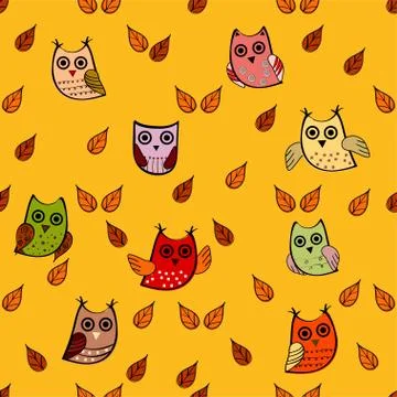 Owl leaves vector seamless pattern Stock Illustration