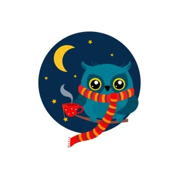 Owl with a Mug of Coffee on Branch. Vector Illustration Stock Illustration