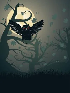 Owl in the Night Forest Stock Illustration