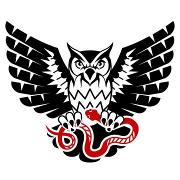 Owl with open wings attacking snake Stock Illustration