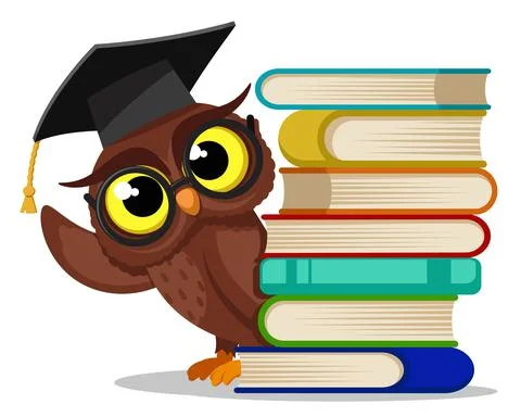 Owl peeks out from behind books and waves on a white background. Back to scho Stock Illustration
