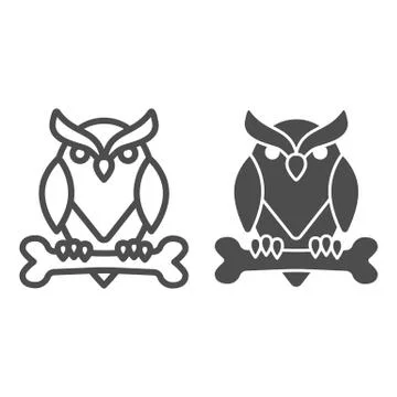 Owl perched on bone line and solid icon, halloween concept, owl and bone sign on Stock Illustration