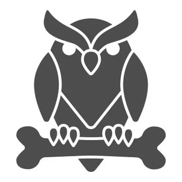 Owl perched on bone solid icon, halloween concept, owl and bone sign on white Stock Illustration