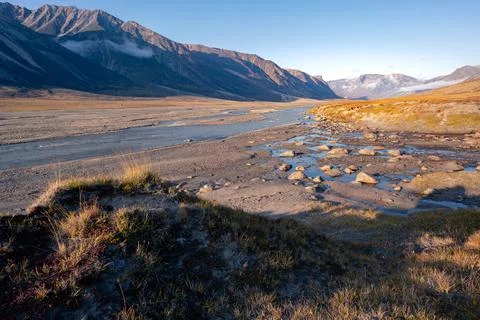 Owl River bed in arctic remote valley, Akshayuk Pass, Nunavut. Beautiful arctic Stock Photos
