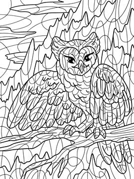 An owl sits on a branch, against the backdrop of mountains and forest. Children Stock Illustration