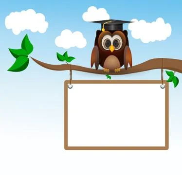 Owl sitting on three with whiteboard Stock Illustration