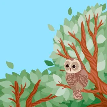 Owl sitting on a tree branch in the forest. Cute children vector illustration Stock Illustration