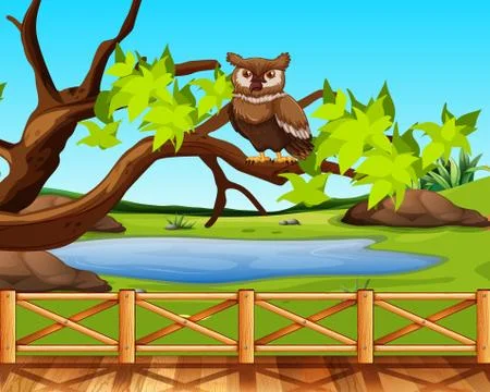 An owl sitting in a tree scene Stockillustratie