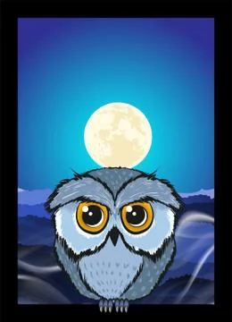 Owl sitting upon a tree branch with a large moon rising in the background 스톡 일러스트