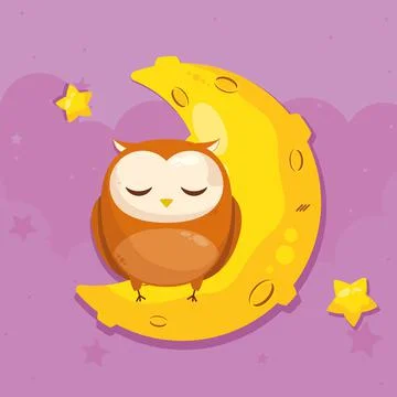 Owl sleeping in moon Stock Illustration