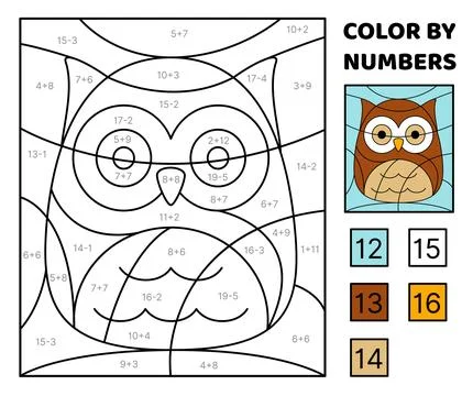 Owl. Solve the problem, color the picture. Addition, Subtraction Coloring book Stock Illustration