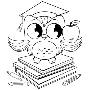 Owl on a stack of books. Vector black and white coloring page. Stock Illustration