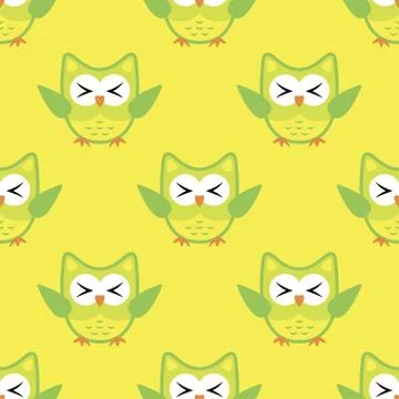 Owl stylized art seemless pattern yellow green colors Stock Illustration