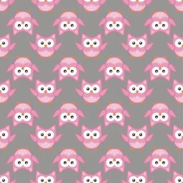 Owl stylized art seemless pattern pink gray colors Stock Illustration