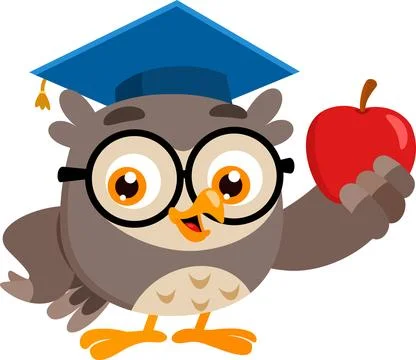 Owl Teacher Cartoon Character Explaining Lesson Holding Red Apple Stock Illustration