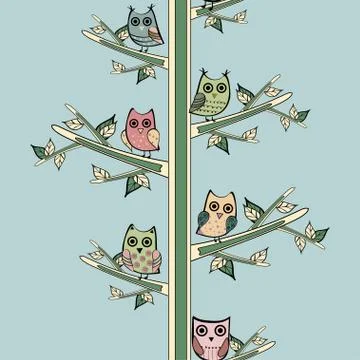 Owl tree branch vertical vector seamless pattern Illustrazione stock