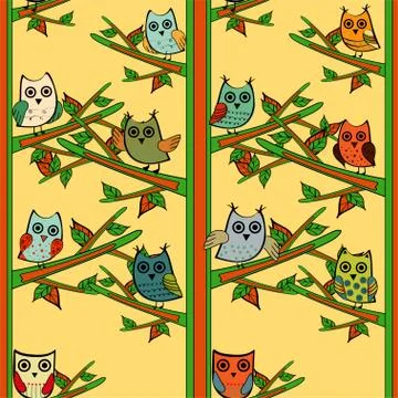 Owl tree branch vertical vector seamless pattern Illustrazione stock