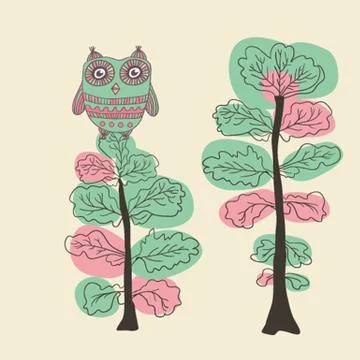 Owl on the tree. Hand drawn vector illustration. Stock Illustration