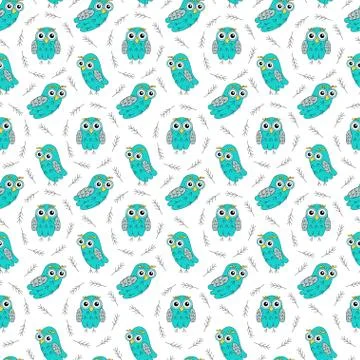Owl turquoise vector seamless pattern. Stock Illustration