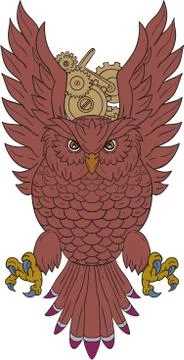 Owl Wings Spread Swooping Clock Gears Drawing Stock Illustration