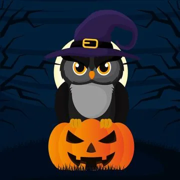 Owl with witch hat on a spooky pumpkin Halloween Vector Stock Illustration