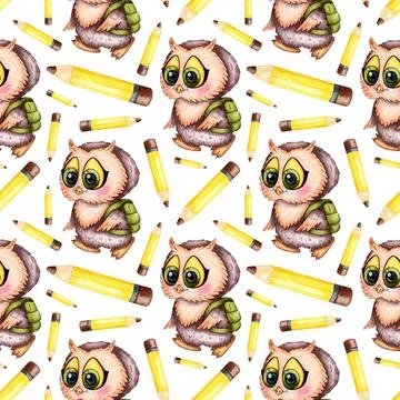 Owlet pattern with backpack and watercolor pencil イラスト素材