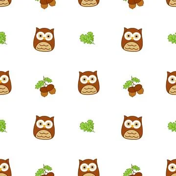 Owls and acorns on seamless pattern. Squishmallow. Owl, acorn, oak. Kawaii Stock Illustration