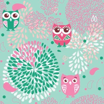 Owls and flowers seamless pattern Illustrazione stock