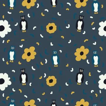 Owls and Flowers Seamless Pattern Stock Illustration