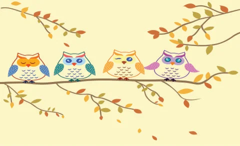 Owls background colored hand drawn cartoon sketch Stock Illustration