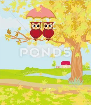 Owls couple under umbrella, autumn day Stock Illustration