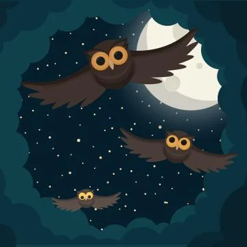 The owls flies in the clouds under moon Stock Illustration