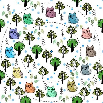 Owls in the forest vector seamless pattern Illustrazione stock