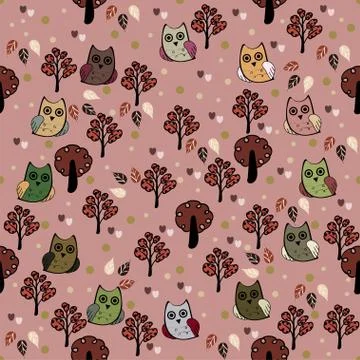Owls forest vector seamless pattern Stock Illustration
