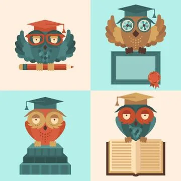 Owls in graduation caps set flat Stock Illustration
