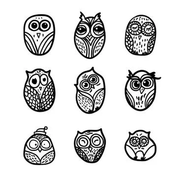 Owls hand drawn set Stock Illustration