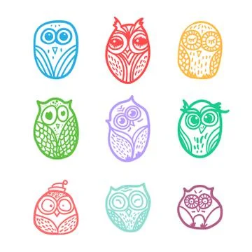 Owls hand drawn set Stock Illustration