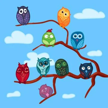 Owls hand drawn set Stock Illustration